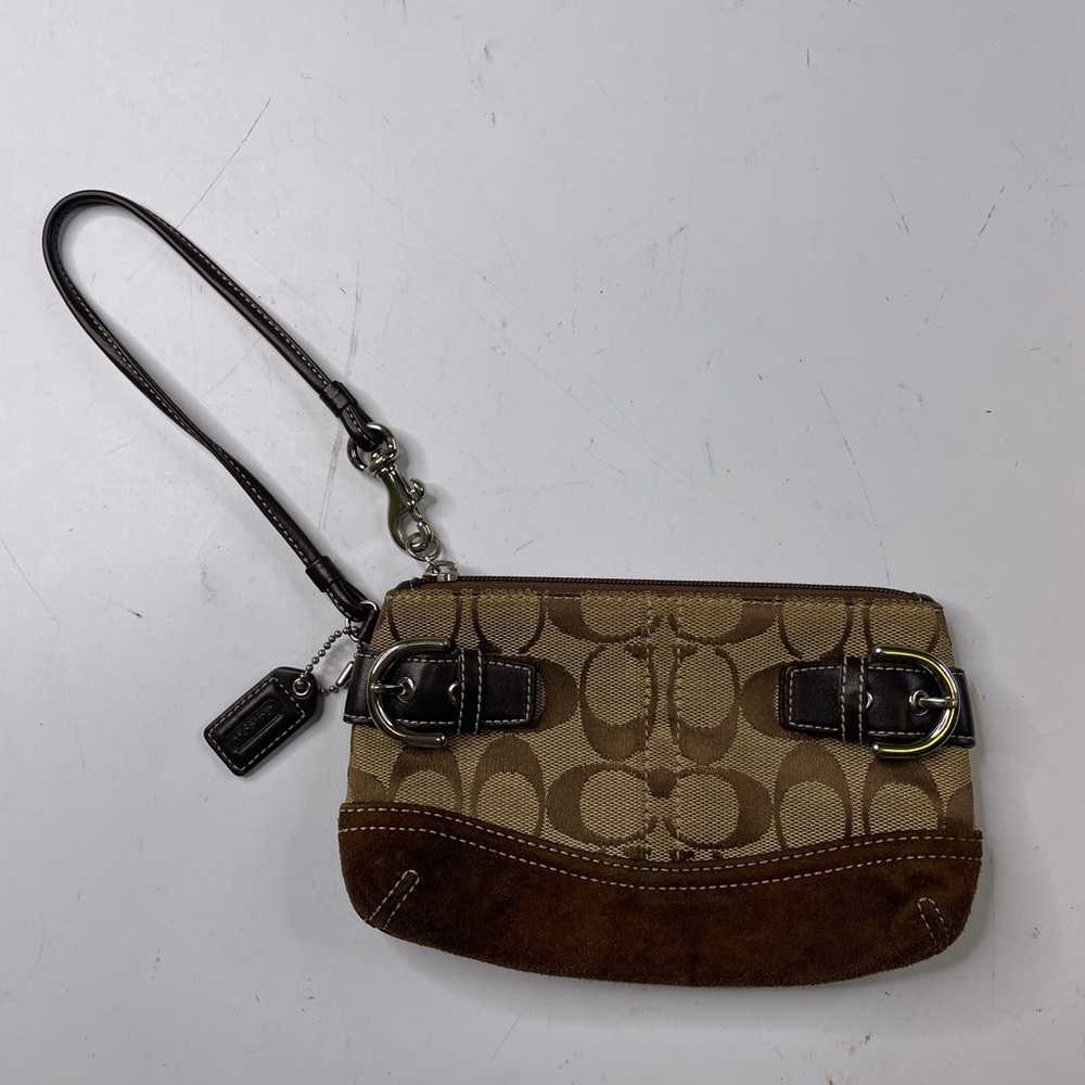 Signature Coach Wristlet with Buckles, Brown Suede wallet bag Y2K